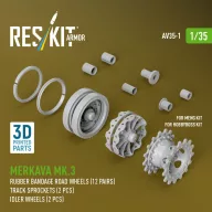  ResKit Models Merkava Mk.3 rubber bandage road wheels (12 pairs), track sprockets (2 pcs), idler wheels (2 pcs) for Meng/HobbyBoss kit (3D Printed) 1:35 (AV35-0001)