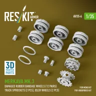   ResKit Models Merkava Mk.3 damaged rubber bandage wheels (12 pairs), track sprockets (2 pcs), idler wheels (2 pcs) for Meng/HobbyBoss kit (3D Printed) 1:35 (AV35-0006)