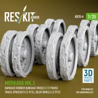   ResKit Models Merkava Mk.3 damaged rubber bandage wheels (12 pairs), track sprockets (2 pcs), idler wheels (2 pcs) for Meng/HobbyBoss kit (3D Printed) 1:35 (AV35-0006)