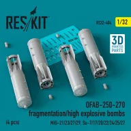   ResKit Models OFAB-250-270 fragmentation/high explosive bombs (4 pcs) (MiG-21/23/27/29, Su-7/17/20/22/24/25/27) (3D Printed) 1:32 (RS32-0404)