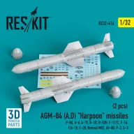   ResKit Models AGM-84 (A,D) Harpoon missiles (2 pcs) (P-8A, A-6, A-7E, B-1B, B-52H, F-111C, F-16, F/A-18, F-20, Nimrod MR2, AV-8B, P-3, S-3) (3D Printed) 1:32 (RS32-0416)