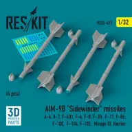   ResKit Models AIM-9B Sidewinder missiles (4 pcs) (A-4, A-7, F-4D1, F-4, F-8, F-3H, F-11, F-86,F-100, F-104, F-105, Mirage III, Harrier) (3D Printed) 1:32 (RS32-0477)