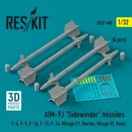   ResKit Models AIM-9J Sidewinder missiles (4 pcs) (F-4, F-5, F-16, F-15, F-14, Mirage F.1, Harrier, Mirage III, Hawk) (3D Printed) 1:32 (RS32-0480)
