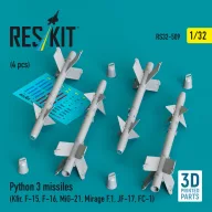   ResKit Models Python 3 missiles (4 pcs) (Kfir, F-15, F-16, MiG-21, Mirage F.1, JF-17, FC-1) (3D Printed) 1:32 (RS32-0509)