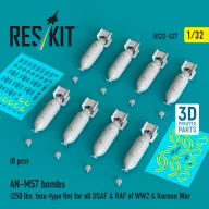   ResKit Models AN-M57 bombs (250 lbs, box-type fin) for all USAF & RAF of WW2 & Korean War (8 pcs) (3D Printed) 1:32 (RS32-0537)
