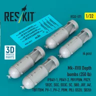   ResKit Models Mk-XVII Depth bombs (350 lb) (4 pcs) (PB4Y-1, PB4Y-2, PBY/PBN, PB2Y, SB2C, SOC, SO3C, SC, SBD, JRF, J4F, TBF/TBM, PV-1, PV-2, PBM, PBJ, OS2U, SB2U) (3D Printed) 1:32 (RS32-0571)