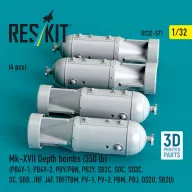   ResKit Models Mk-XVII Depth bombs (350 lb) (4 pcs) (PB4Y-1, PB4Y-2, PBY/PBN, PB2Y, SB2C, SOC, SO3C, SC, SBD, JRF, J4F, TBF/TBM, PV-1, PV-2, PBM, PBJ, OS2U, SB2U) (3D Printed) 1:32 (RS32-0571)