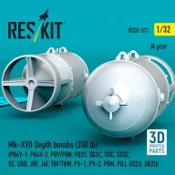   ResKit Models Mk-XVII Depth bombs (350 lb) (4 pcs) (PB4Y-1, PB4Y-2, PBY/PBN, PB2Y, SB2C, SOC, SO3C, SC, SBD, JRF, J4F, TBF/TBM, PV-1, PV-2, PBM, PBJ, OS2U, SB2U) (3D Printed) 1:32 (RS32-0571)