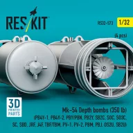   ResKit Models Mk-54 Depth bombs (350 lb) (4 pcs) (PB4Y-1, PB4Y-2, PBY/PBN, PB2Y, SB2C, SOC, SO3C, SC, SBD, JRF, J4F, TBF/TBM, PV-1, PV-2, PBM, PBJ, OS2U, SB2U) (3D Printed) 1:32 (RS32-0573)