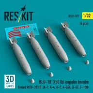   ResKit Models BLU-1B (750 lb) napalm bombs finned MXU-393/B (4 pcs) (A-1, A-4, A-7, A-26K, B-57, F-100) (3D Printed) 1:32 (RS32-0597)