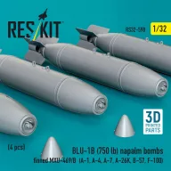   ResKit Models BLU-1B (750 lb) napalm bombs finned MXU-469/B (4 pcs) (A-1, A-4, A-7, A-26K, B-57, F-100) (3D Printed) 1:32 (RS32-0598)