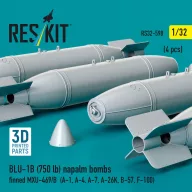   ResKit Models BLU-1B (750 lb) napalm bombs finned MXU-469/B (4 pcs) (A-1, A-4, A-7, A-26K, B-57, F-100) (3D Printed) 1:32 (RS32-0598)