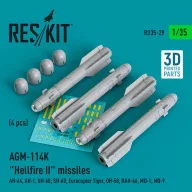   ResKit Models AGM-114K Hellfire II missiles (4 pcs) (AH-64, AH-1, UH-60, SH-60, Eurocopter Tiger, OH-58, RAH-66, MQ-1, MQ-9) (3D Printed) 1:35 (RS35-0029)