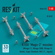   ResKit Models R.550 Magic-2 missiles (4 pcs) (Mirage F.1, Mirage 2000, Mirage III, Rafale, Super Etendard, MiG-21, Jaguar) (3D Printed) 1:48 (RS48-0375)