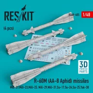   ResKit Models R-60? (AA-8 Aphid) missiles (4 pcs) (MiG-21,MiG-23,MiG-25, MiG-29,MiG-31,Su-17,Su-24,Su-25,Yak-38) (3D Printed) 1:48 (RS48-0405)