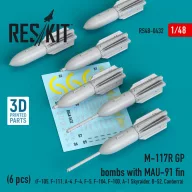   ResKit Models M-117R GP bombs with MAU-91 fin (6 pcs) (F-105,F-111, A-4 ,F-4, F-5, F-104, F-100, A-1 Skyraider, B-52, Canberra) (3D Printed) 1:48 (RS48-0432)