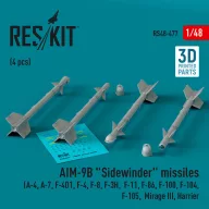   ResKit Models AIM-9B Sidewinder missiles (4 pcs) (A-4, A-7, F-4D1, F-4, F-8, F-3H, F-11, F-86,F-100, F-104, F-105, Mirage III, Harrier) (3D Printed) 1:48 (RS48-0477)