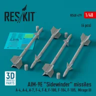   ResKit Models AIM-9E Sidewinder missiles (4 pcs) (A-4, A-6, A-7, F-4, F-8, F-100, F-104, F-105, Mirage III) (3D Printed) 1:48 (RS48-0479)