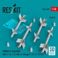   ResKit Models Python 3 missiles (4 pcs) (Kfir, F-15, F-16, MiG-21, Mirage F.1, JF-17, FC-1) (3D Printed) 1:48 (RS48-0509)