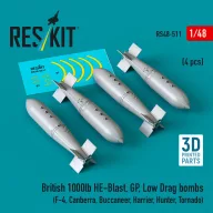   ResKit Models British 1000lb HE-Blast, GP, Low Drag bombs (4 pcs) (F-4, Canberra, Buccaneer, Harrier, Hunter, Tornado) (3D printed) 1:48 (RS48-0511)