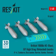   ResKit Models British 1000lb HE-Blast, GP, High Drag (Retarded) bombs (4 pcs) (F-4, Canberra, Buccaneer, Harrier, Hunter, Tornado) (3D printed) 1:48 (RS48-0512)