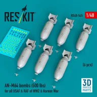   ResKit Models AN-M64 bombs (6 pcs) (500 lbs) for all USAF & RAF of WW2 & Korean War (3D Printed) 1:48 (RS48-0545)