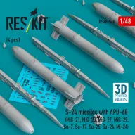   ResKit Models S-24 missiles with APU-68 (4 pcs) (MiG-21, MiG-23, MiG-27, MiG-29, Su-7, Su-17, Su-25, Su-24, Mi-24) (3D Printed) 1:48 (RS48-0566)