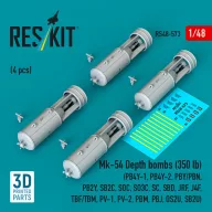  ResKit Models Mk-54 Depth bombs (350 lb) (4 pcs) (PB4Y-1, PB4Y-2, PBY/PBN, PB2Y, SB2C, SOC, SO3C, SC, SBD, JRF, J4F, TBF/TBM, PV-1, PV-2, PBM, PBJ, OS2U, SB2U) (3D Printed) 1:48 (RS48-0573)