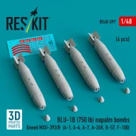   ResKit Models BLU-1B (750 lb) napalm bombs finned MXU-393/B (4 pcs) (A-1, A-4, A-7, A-26K, B-57, F-100) (3D Printed) 1:48 (RS48-0597)