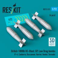   ResKit Models British 1000lb HE-Blast, GP, Low Drag bombs (4 pcs) (F-4, Canberra, Buccaneer, Harrier, Hunter, Tornado) (3D printed) 1:72 (RS72-0511)