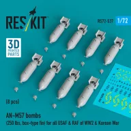   ResKit Models AN-M57 bombs (250 lbs, box-type fin) for all USAF & RAF of WW2 & Korean War (8 pcs) (3D Printed) 1:72 (RS72-0537)