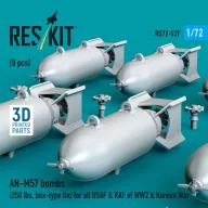   ResKit Models AN-M57 bombs (250 lbs, box-type fin) for all USAF & RAF of WW2 & Korean War (8 pcs) (3D Printed) 1:72 (RS72-0537)