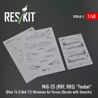   ResKit Models MiG-25RBF, RBS Foxbat (Blue 74 & Red 17) Ukrainian Air Forces (Decals with Stencils) 1:48 (RSB48-0002)