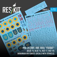   ResKit Models MiG-25RBT, RBF, RBS Foxbat (Blue 73, Blue 74, Red 17, Red 19) Ukrainian Air Forces (Decals with Stencils) 1:72 (RSB72-0001)