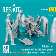   ResKit Models US Aircraft mechanics with SUU-23 20mm gun pod (open & close gun bay) on transport trolley (scene 1) (3 pcs) (3D Printed) 1:32 (RSF32-0049)