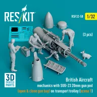   ResKit Models British Aircraft mechanics with SUU-23 20mm gun pod (open & close gun bay) on on transport trolley (scene 1) (3 pcs) (3D Printed) 1:32 (RSF32-0050)