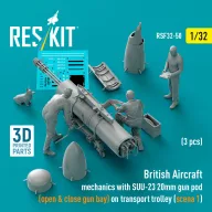   ResKit Models British Aircraft mechanics with SUU-23 20mm gun pod (open & close gun bay) on on transport trolley (scene 1) (3 pcs) (3D Printed) 1:32 (RSF32-0050)
