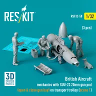   ResKit Models British Aircraft mechanics with SUU-23 20mm gun pod (open & close gun bay) on on transport trolley (scene 1) (3 pcs) (3D Printed) 1:32 (RSF32-0050)