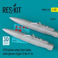  ResKit Models 370 Gallon wing fuel tanks with pylons (type 1) for F-16 (A/B/C/D/E/F/I) (2 pcs) (3D Printed) 1:32 (RSU32-0143)