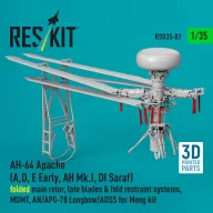   ResKit Models AH-64 Apache (A,D, E Early, AH Mk.I, DI Saraf) folded main rotor, late blades & fold restraint systems, MUMT, AN/APG-78 Longbow/ADSS for Meng kit (3D Printed) 1:35 (RSU35-0083)
