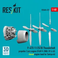   ResKit Models P-47D 11/25/30 Thunderbolt propeller (3 pcs), engine (P&W R-2800-59 & 63) closed engine hood for Tamiya kit (3D Printed) 1:48 (RSU48-0475)