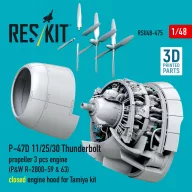   ResKit Models P-47D 11/25/30 Thunderbolt propeller (3 pcs), engine (P&W R-2800-59 & 63) closed engine hood for Tamiya kit (3D Printed) 1:48 (RSU48-0475)